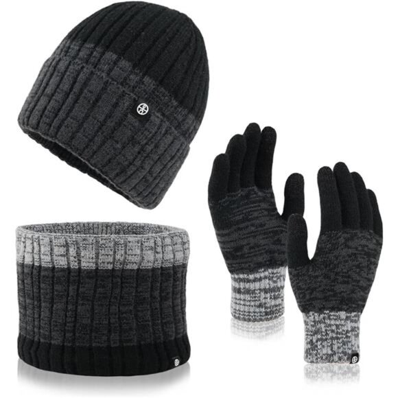 Unisex Winter Beanie Hat Scarf Gloves Set Black